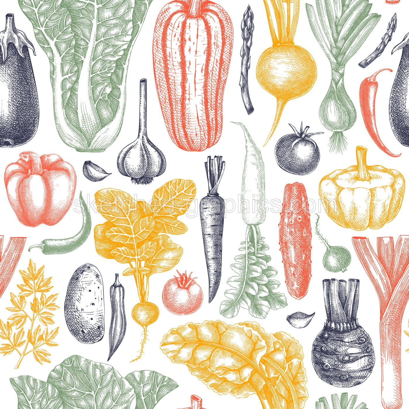 Hand-sketched vegetable seamless pattern. Vector background with healthy food elements in vintage style. Fresh vegetables backdrop for wrapping paper, banner, textile, menu design. Illustration